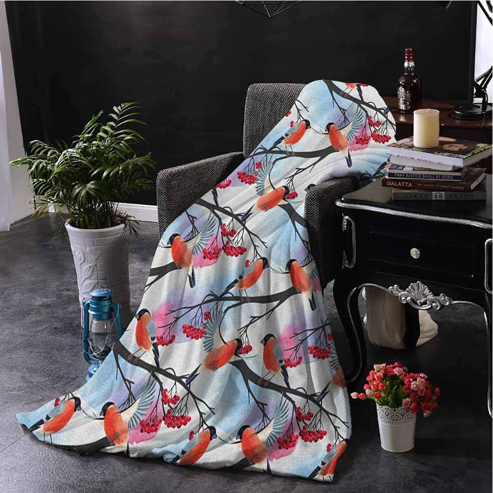 Luoiaax Rowan Bedding Flannel Blanket Bullfinch Birds with Open Wings on Rowan Shrubs with Ripe Berries Art Pattern Print Super Soft and Comfortable Luxury Bed Blanket W60 x L70 Inch Multicolor