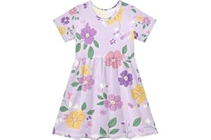 Bolaz Purple Yellow Flower Pattern Girls Dress Short Sleeve Dress Casual Dresses 2-8Y