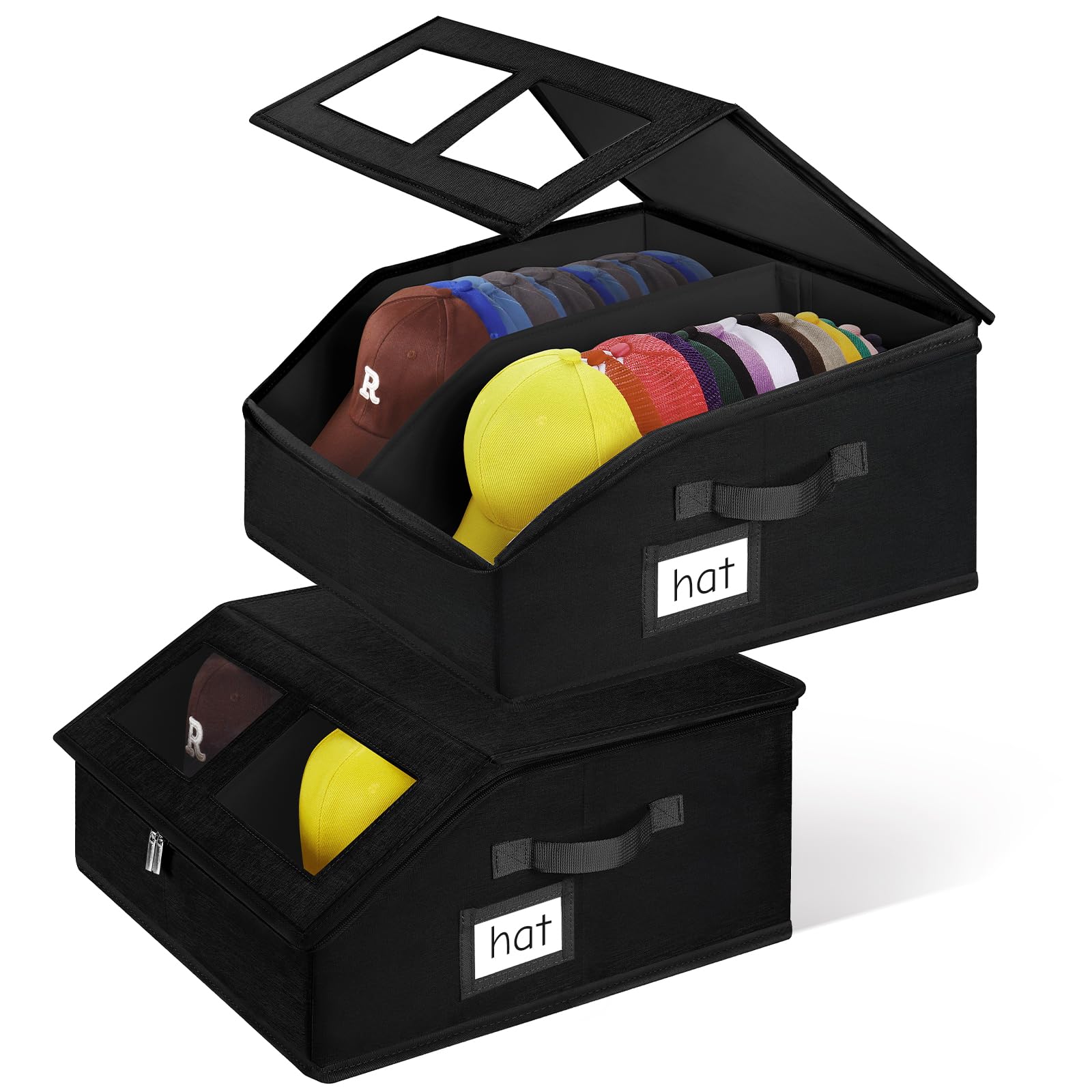2 Pack Hat Storage for Baseball Caps-Holds Up to 48 Caps, Hat Organizer for Closet Stackable Hat Box with Cardboard, Dustproof Baseball Cap Organizer with 2 Handles for Home Travel (Black, 2Pack)