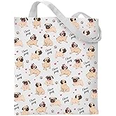 VeloKomo Pug Gifts Tote Bag - Cotton Totes for Dog Lovers Women Mom Daughter Sister Personalized Grocery Bags for Work Shopping Travel Cute Handbag with Pocket Thank Christmas New Year Birthday Gift
