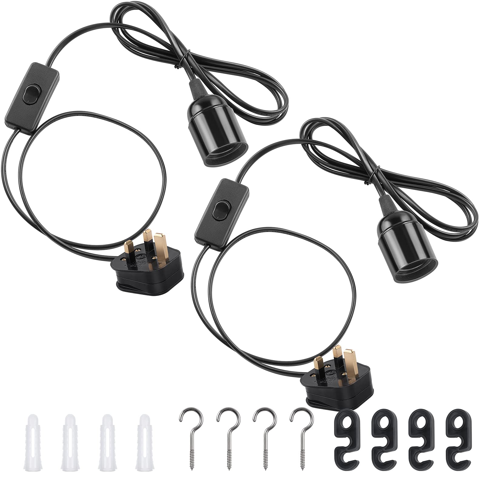 DiCUNO E27 Lampholder, Pendant Light Ceiling Lighting Fitting, Suspended Pendant Light Fitting Kit, Black, 2M, 2Packs