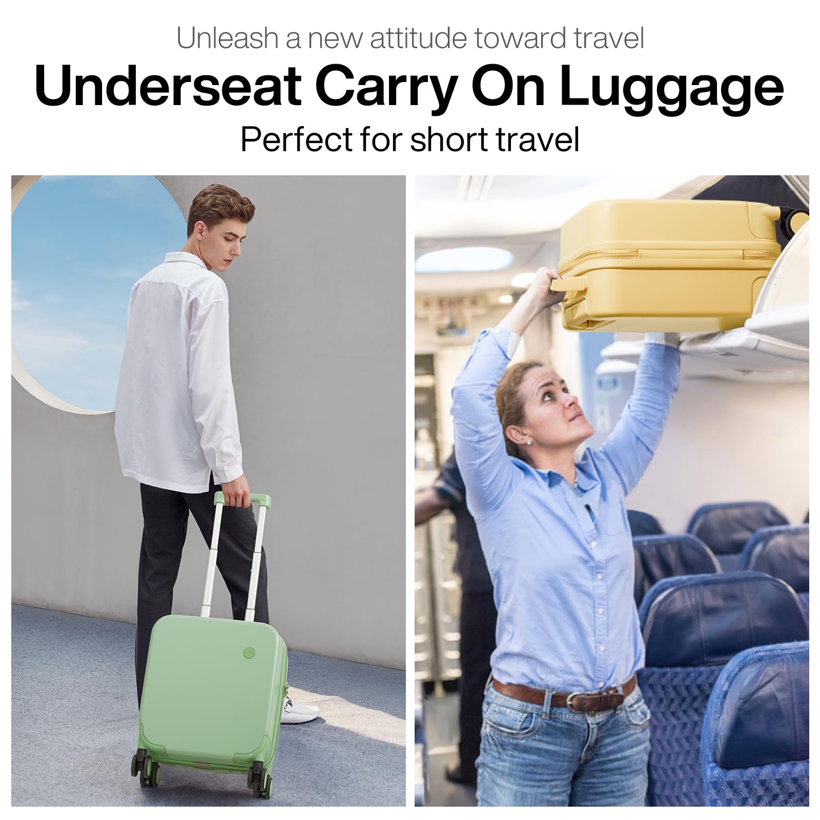 mixi 14 Inch Underseat Luggage Carry on Suitcase Free Boarding Personal Item Suitcases with Spinner Wheels Hardshell Lightweight PC for Short Travel, Lark Yellow