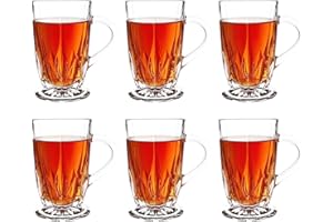 binsakao Glass Tea Cups Set of 6 - Classic Clear Cut 285 ML Footed Glass Tea Cups with Handles, Etched Design