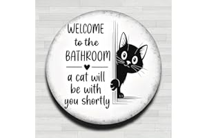Welcome Bathroom With Peeking Cat Vintage Rustic Aluminum Metal Round Wall Sign, 8-inch Indoor Outdoor Gifts And Decor for Ho