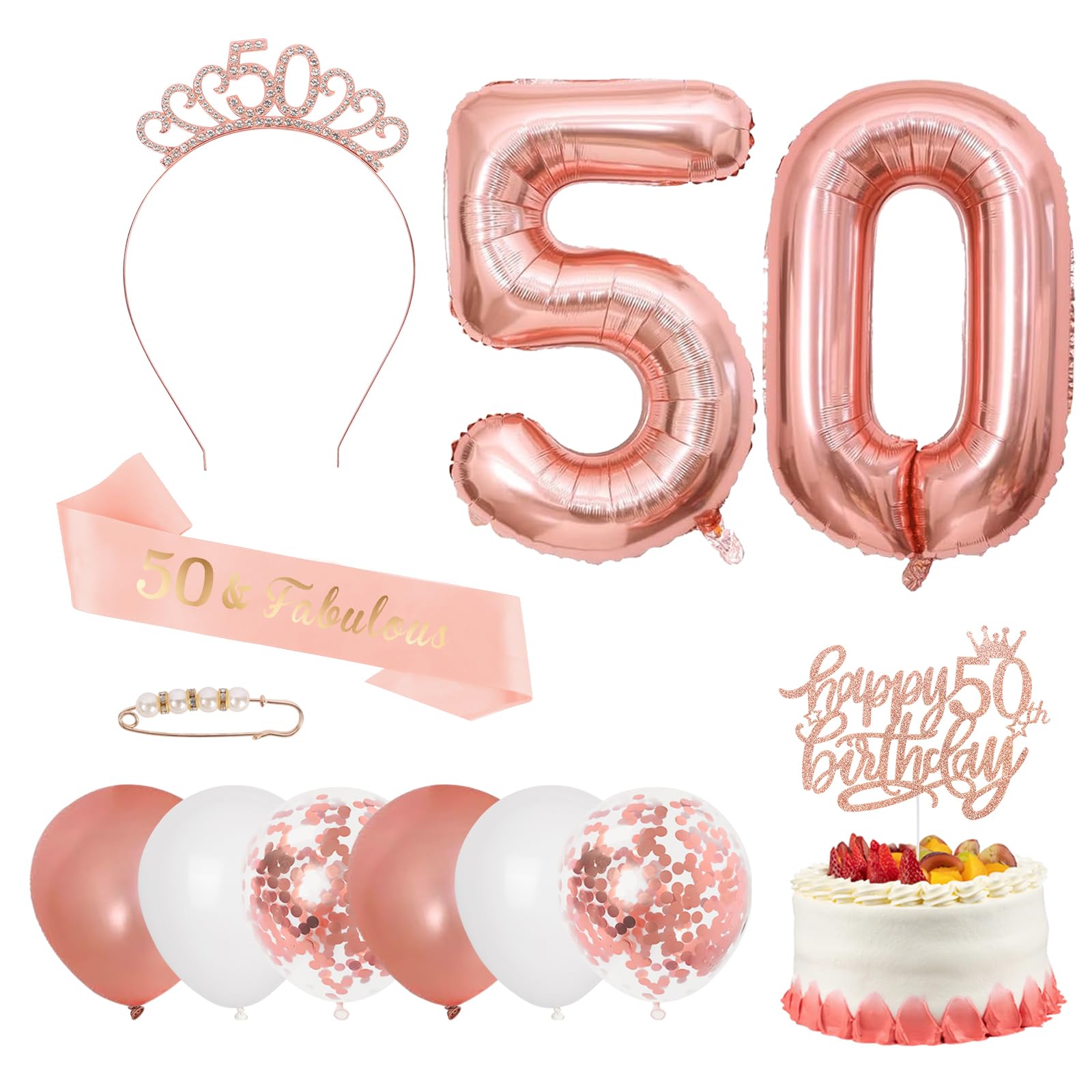 Iridsmole Rose Gold 50th Birthday Decorations Set, Tiara, Sash, Cake Topper, Balloons