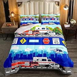Kids Fire Trucks Car Comforter Set Queen Size