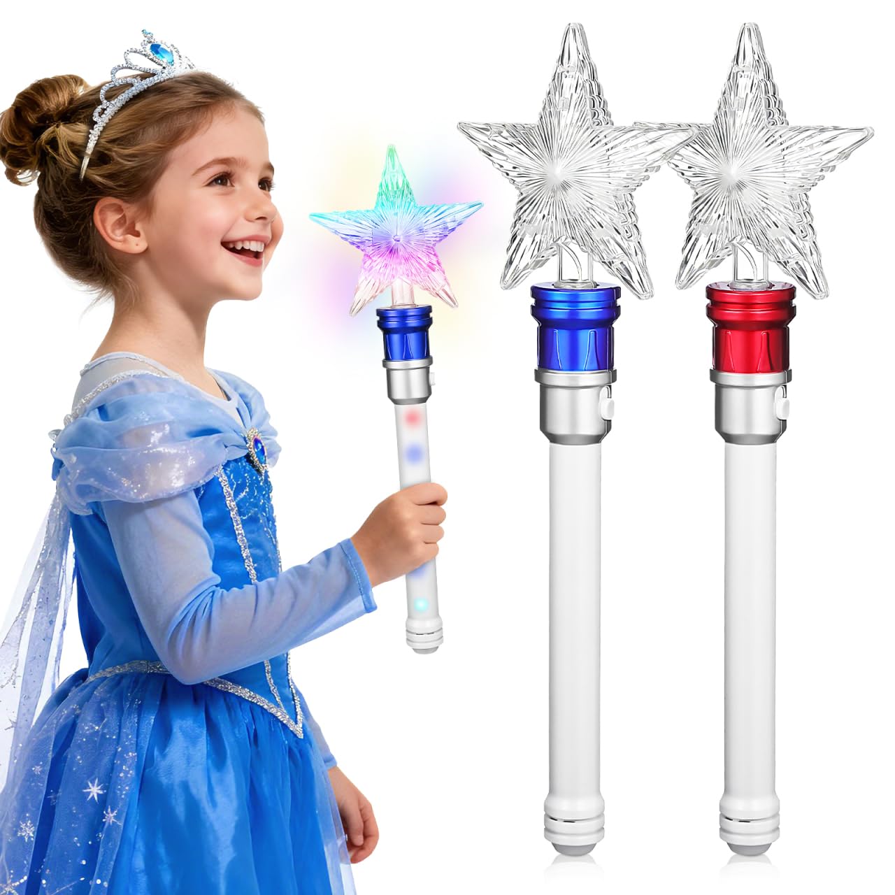 JOINPAYA 2pcs Light Up Star Magic Wands: LED Spinning Princess Wands for Girls, Glow Stick for Christmas Birthday Pretend Play