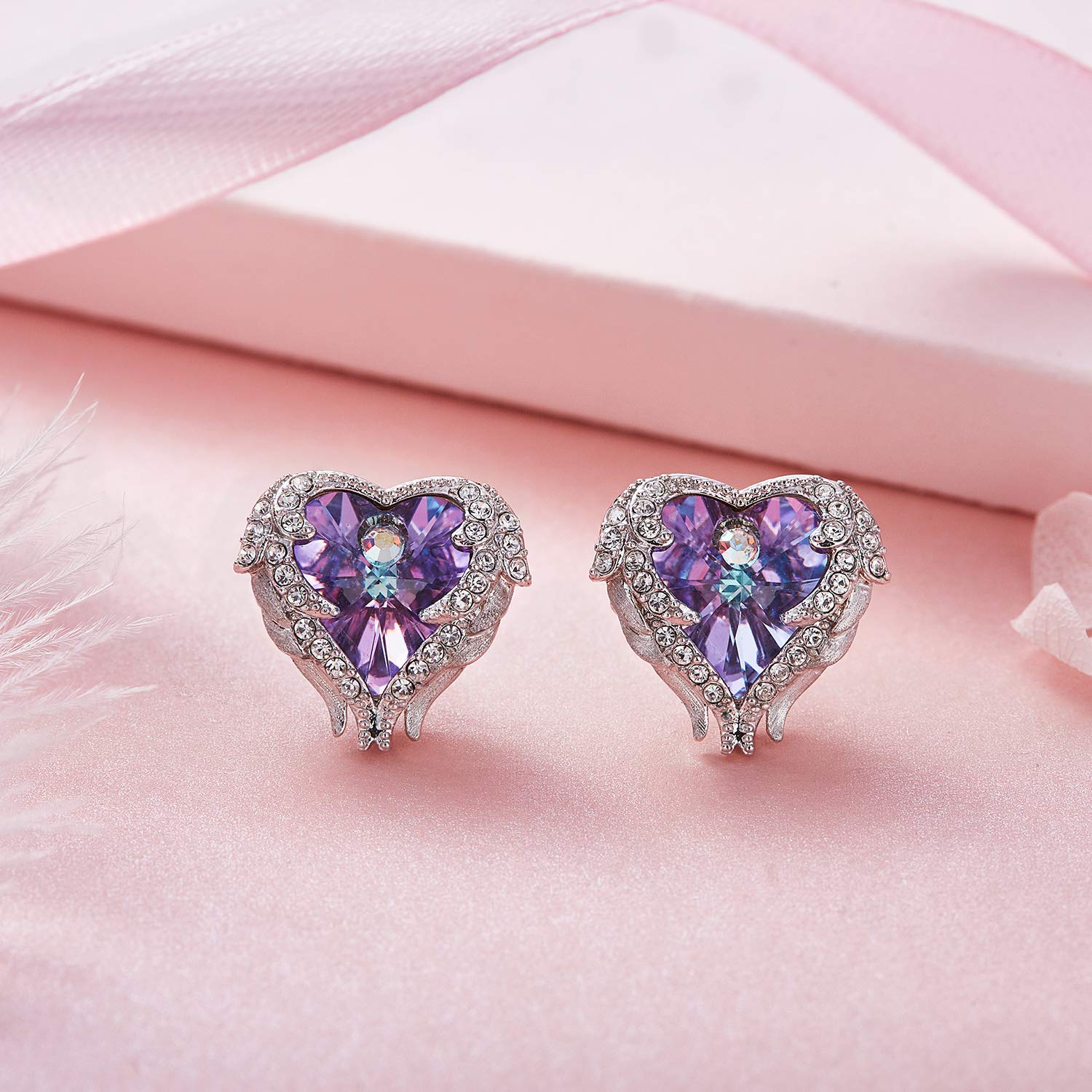 CDE Earrings for Women Swarovski Crystal Studs Silver Angel Wing Purple Heart Jewelry for Girls