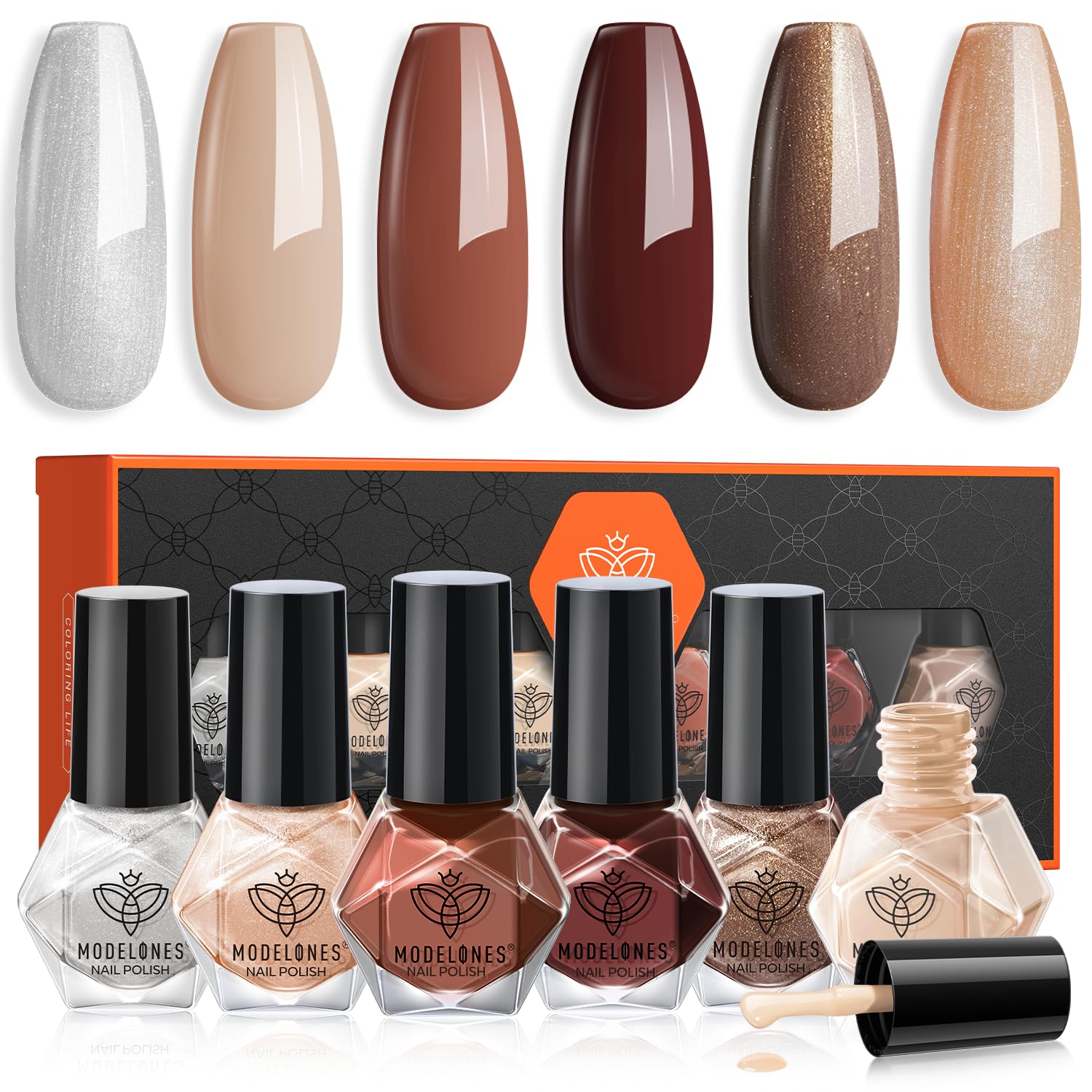 modelones Nail Polish 6 Colors Brown Nude Silver Glitter Nail Polish Set Skin Tone Spring Collection Quick Dry Mini Manicure DIY Nail Art Salon Home Gift For Women Girl