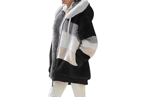 GUROA Ladies Coat Plush Jacket Teddy Fleece Casual Checkered Winter Coat Lapel Long Sleeves Solid Color Outwear with Pockets