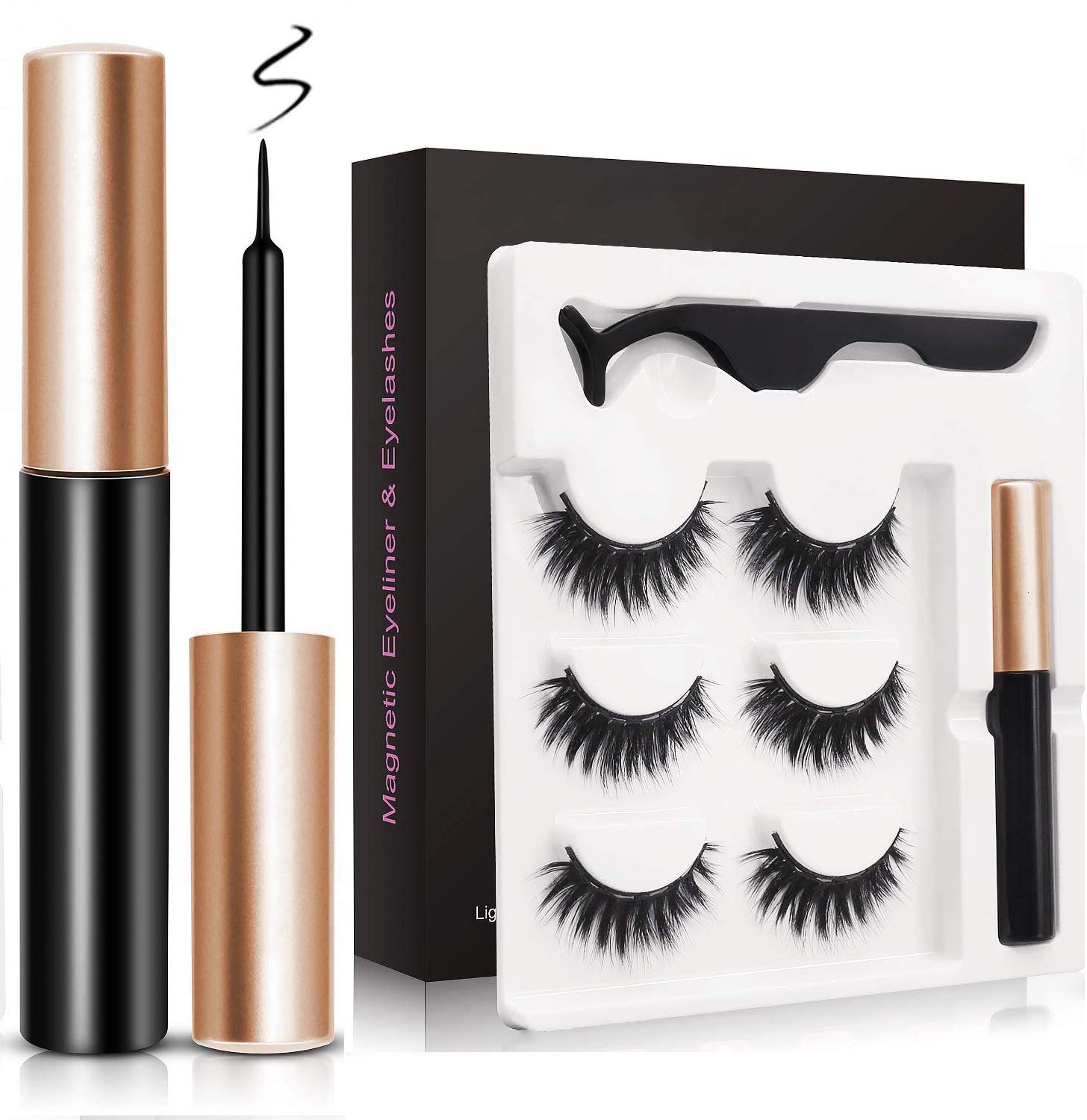 Magnetic Eyelashes and Eyeliner Kit,Cuttable, Strong Magnetism, 3D Waterproof Natural Look Reusable False Lashes with Tweezer,Easy to Wear (3 Pairs)