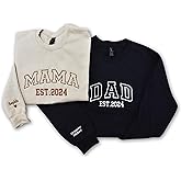TEEAMORE Mama Est Dad Grandpa Embroidered Sweatshirt Personalized Embroidery Add Your Text Name on Sleeve Crewneck
