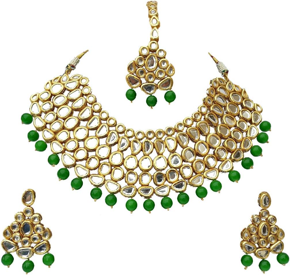Finekraft Meena Kundan Bridal Wedding Designer Gold Plated Green Color Necklace Jewelry Set
