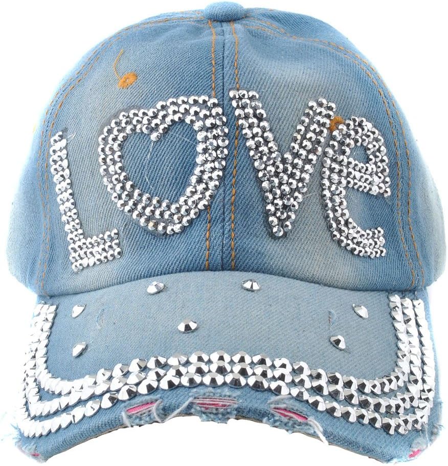 Elonmo Cute Letter Love Baseball Cap Jewel Rhinestone Bling Hats Jeans Wash Denim (Blue)