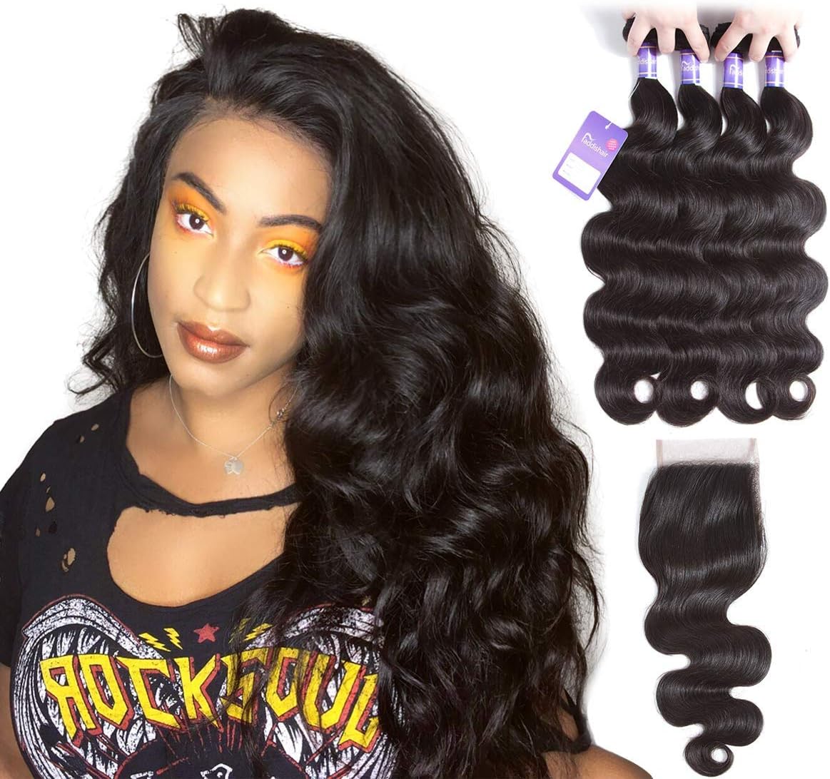 Faddishair Brazilian Hair Body Wave 4 Bundles with Clsoure 100% Unprocessed Virgin Human Hair 7A Weave Bundles Natural Black Virgin Hair (12"14"16"18"+12" Closure,Free Part)