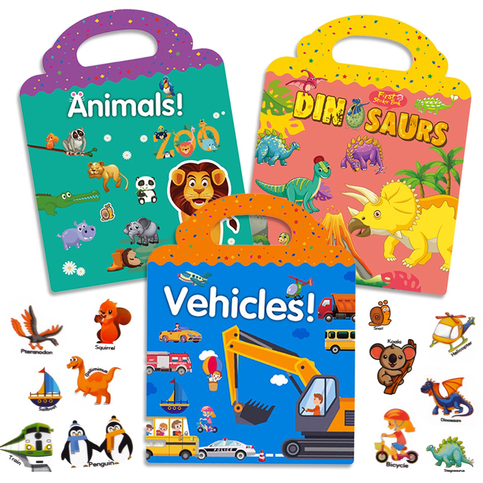 Surcotto Sticker Books, 3 Sets Reusable Stickers, Animal Car Dinosaur Stickers, Educational Travel Reading Journaling
