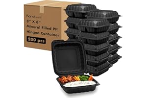 KARAT EARTH Clamshell Take Out Food Containers [8"x8" - 200 ct] To Go Containers | 3 Compartment, Soak-Resistant, Durable, Stackable | Vented for Hot/Cold Foods, Black