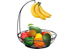 Fruit Bowl with Banana Hanger - Fruit Basket for Kitchen Counter with Holder - Black Chrome