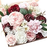 Floroom Blush Burgundy Artificial Flowers Dark Red Fake Roses Peonies Dahlia and Greenery Combo Box Set for DIY Wedding Bouquets Bridal Shower Centerpieces Floral Arrangements Party Tables Decorations
