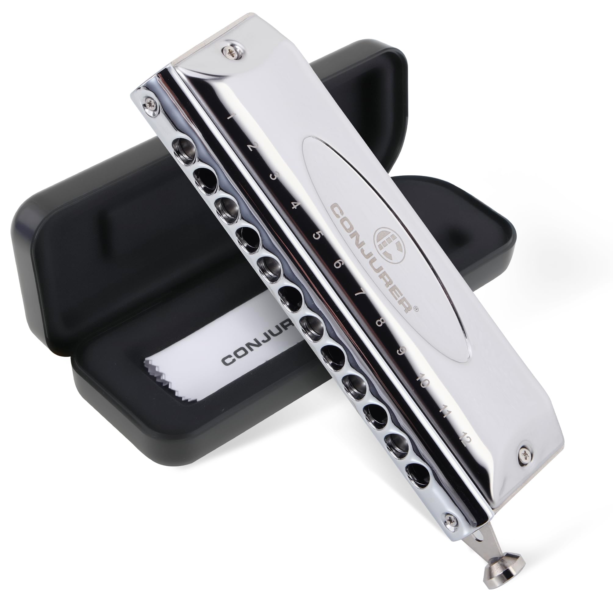 CONJURER Chromatic Harmonica Valveless for Adult Beginners Professionals - 12 Hole Harmonica Key of C Stainless Steel Mouth Organ with Brass Reed in Case, C Key Sliver