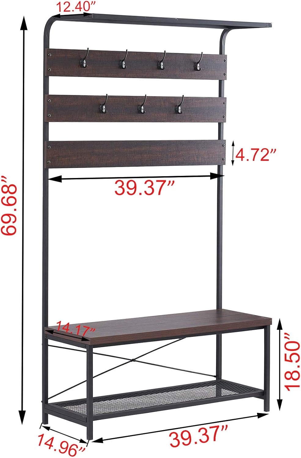 MHAOSEHU Entryway Coat Rack Bench, Modern Hall Tree with Storage Bench, Wood and Metal Hallway Bench with Coat Rack, Espresso 3-in-1 Design: Home Improvement