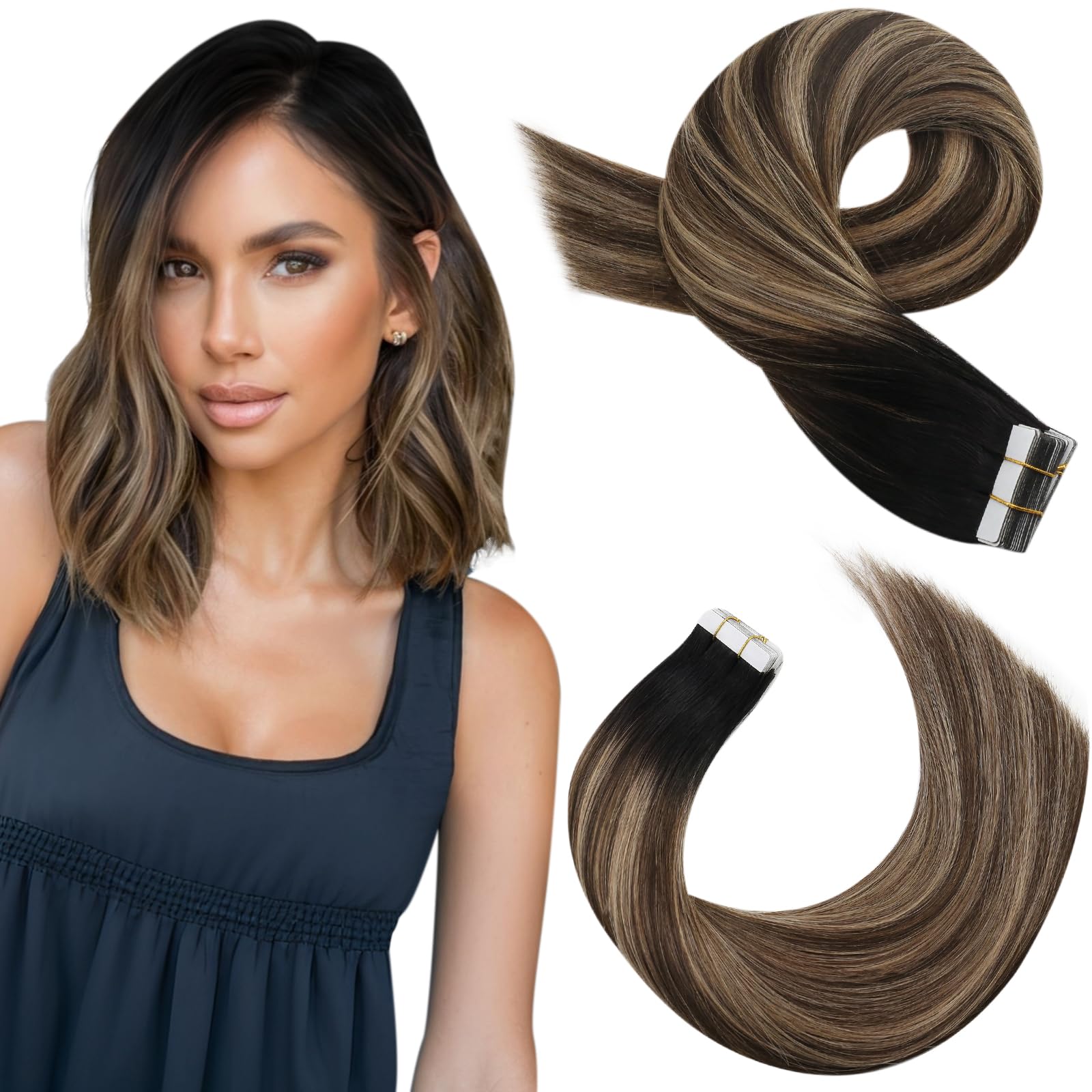 Moresoo Tape in Hair Extensions Human Hair Balayage Black to Blonde Tape Hair Extensions Remy Human Hair Ombre Brown Real Hair 12 Inch 20 Pieces/30g #1B/4/14
