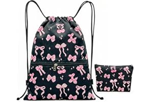 Bow Waterproof Drawstring Swimming Bag for Kids, Large Capacity Drawstring Backpack Swim Gym PE Bag with Zipper Girls Travel