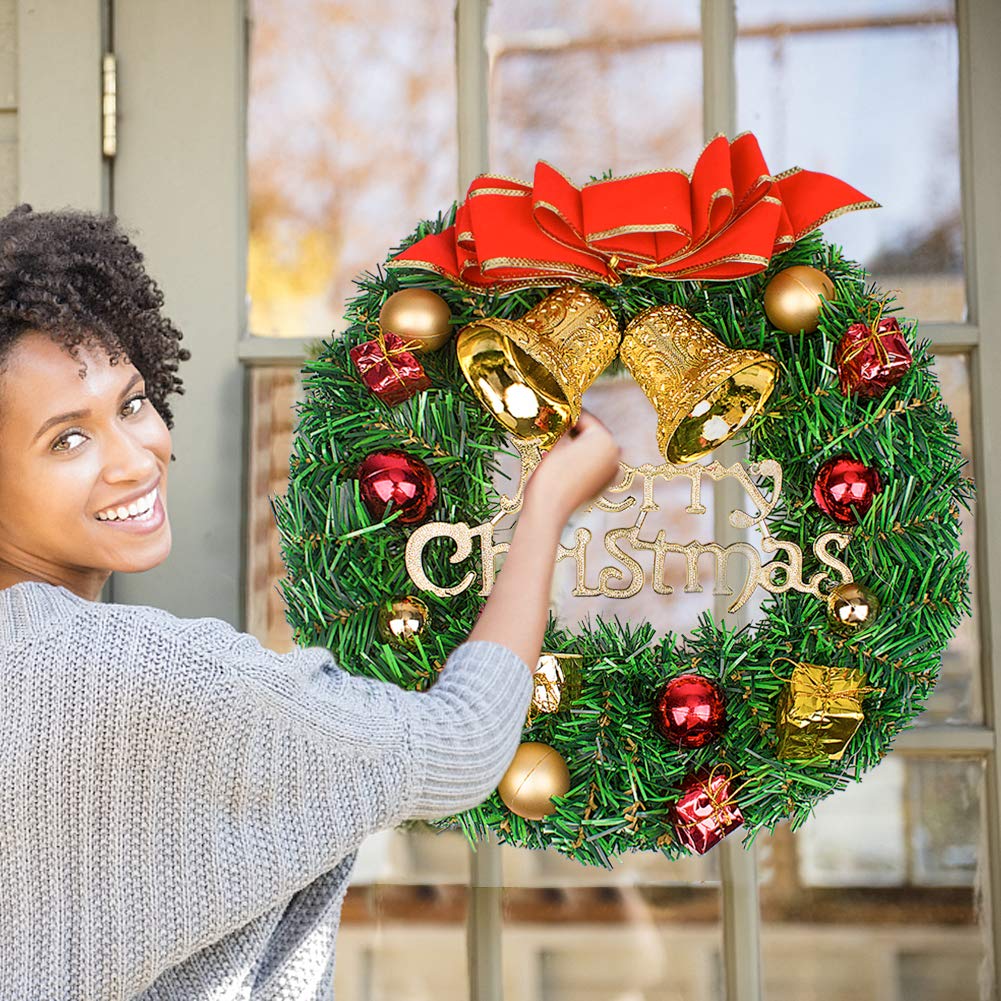 14.57’ inch Christmas Wreaths Simulation Rattan Flower Door Wreath Wall Ornament with “Merry Christmas” Letter and Ball Bells, Christmas Decoration for Your Front Door or Indoor Wall Decor