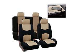 FH Group Automotive Seat Covers Flat Cloth Full Set Beige Combo Small Car Seat Cover Design, Rear Solid Bench Universal Fit and Car Seat Protector for Vans Cars Trucks and SUV Interior Accessories