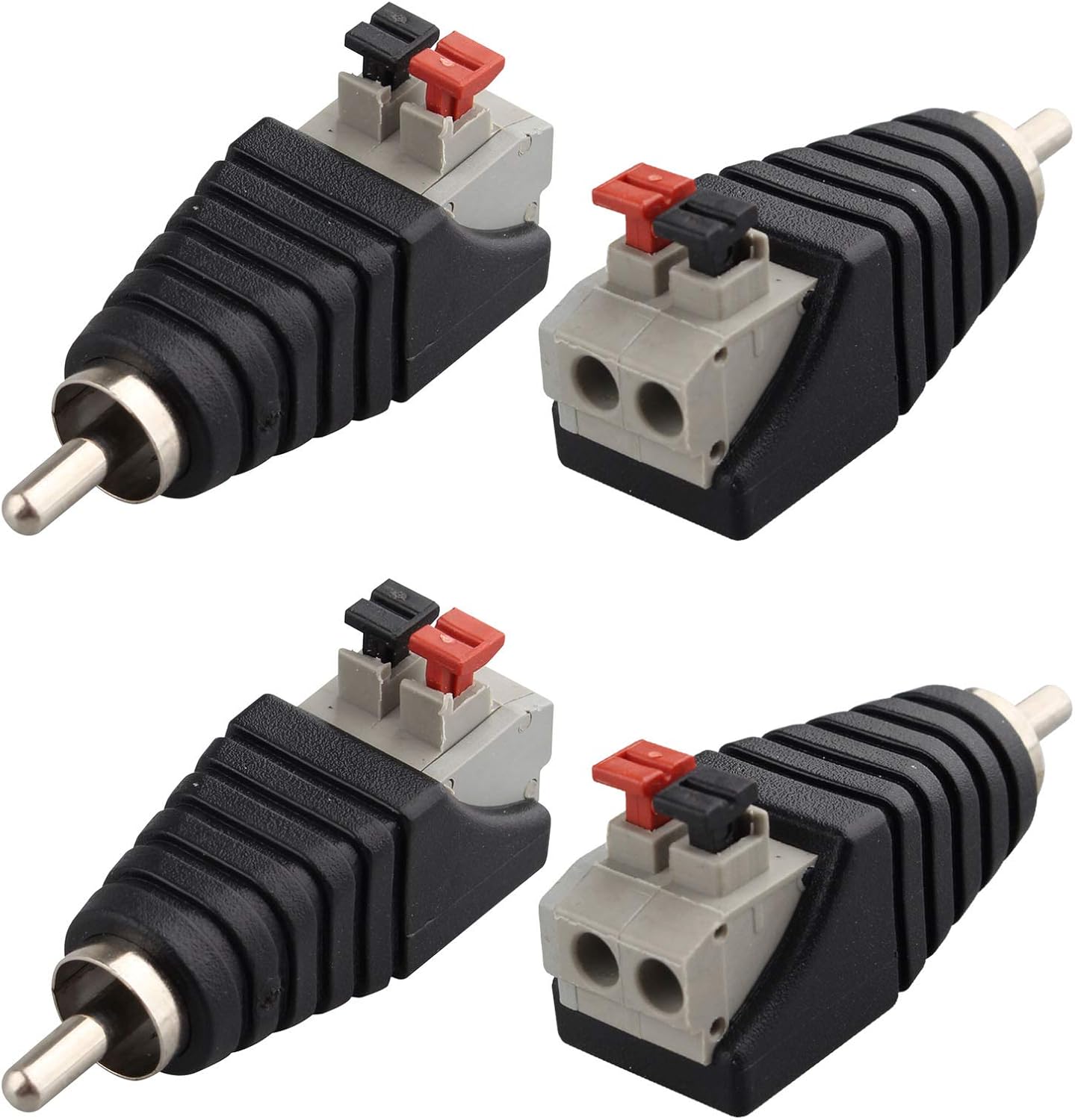 Jopto 4PCS Speaker Phono RCA Male Plug to AV 2 Screw Terminal Female Adapter Audio Video Balun Spring Press Type Adapter Professional DC Power Connector for CCTV (RCA Male To AV 2 Screw Female) Black