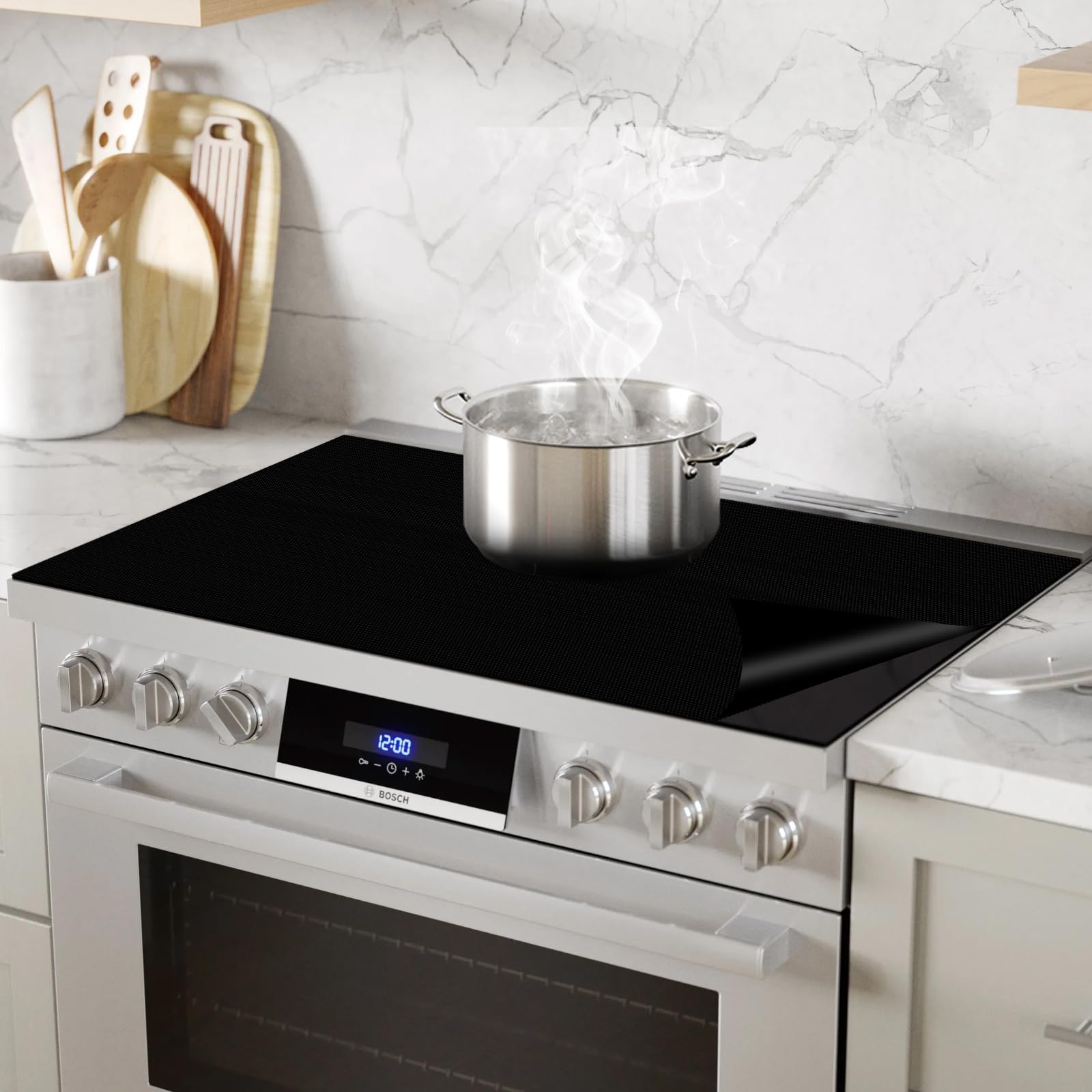 KitchenRaku Large Induction Cooktop Protector Mat, (Magnetic) Electric Stove Burner Covers Antiscratch as Glass Top Stove Cover (Solid Black, 52x78CM)