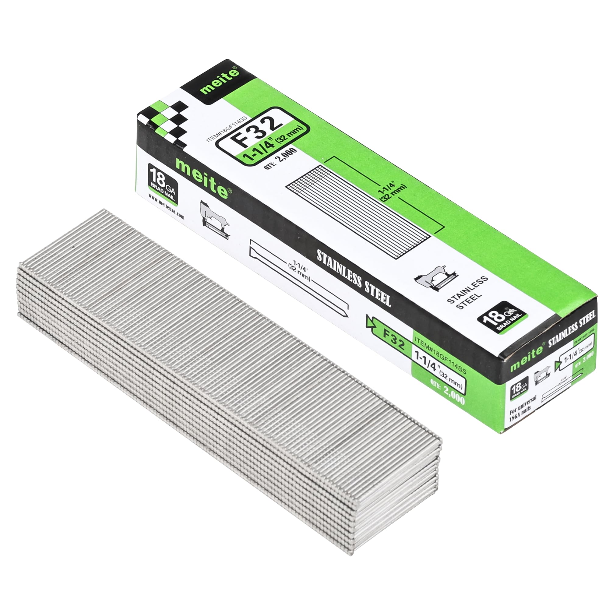 meite 18 Gauge Stainless Steel Brad Nails, Type 18G/32 mm 18GA Brad Nails, 304 Stainless Steel Small Finishing Nail Gun Nails for Pneumatic, Electric Brad Nailer Gun (2,000 Counts)