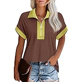 Vivilli Women's Short Sleeve Tops and Blouses Zipper Collar V Neck Business Casual Tops Loose Fit Tunic Shirt Polo Shirts