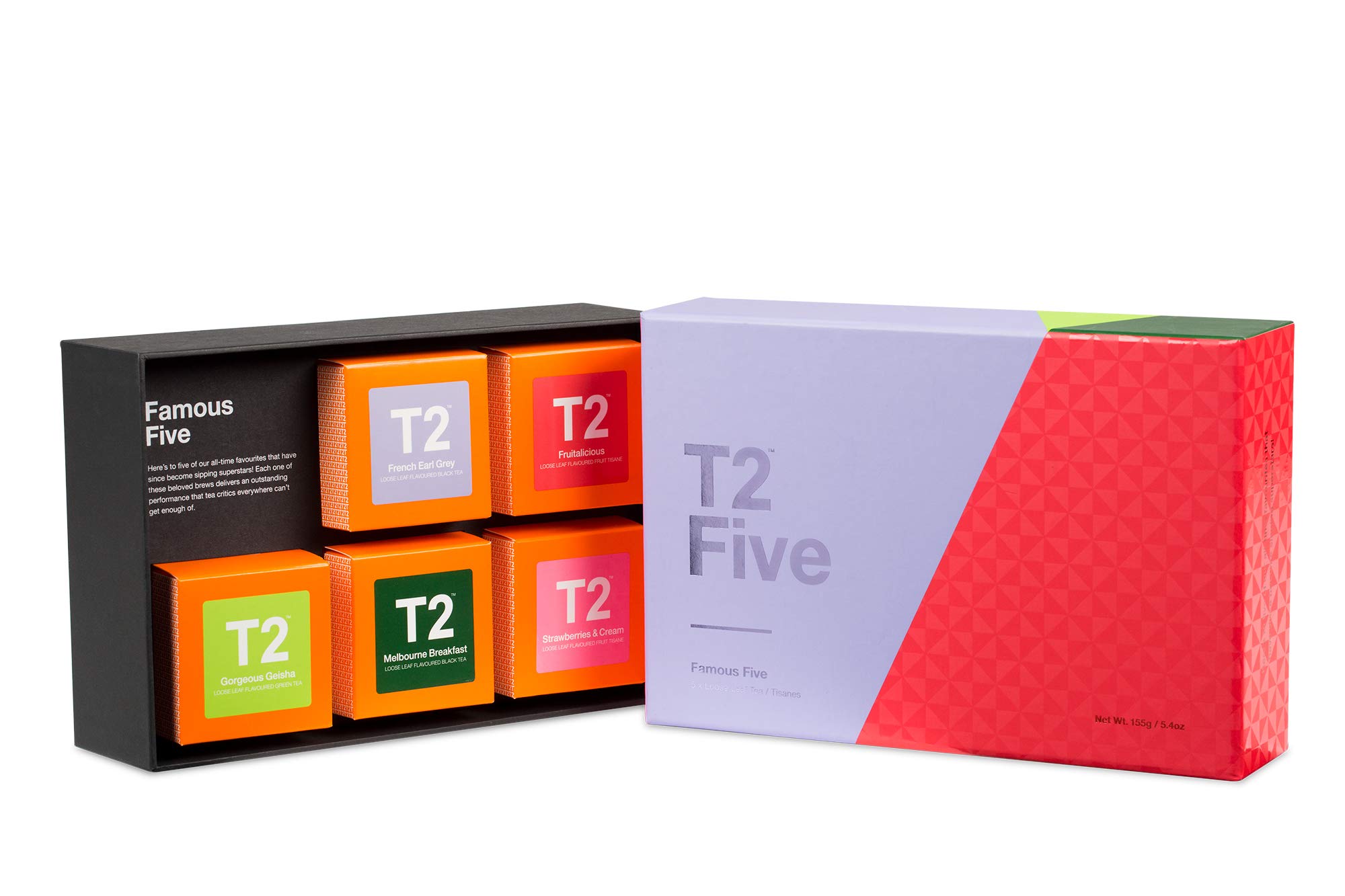 T2 Tea - Famous Five Assorted Tea Sampler Gift Box, 5 Loose Leaf Variety Tea Boxes, 155g