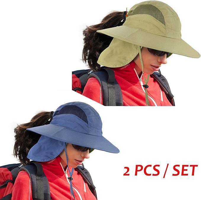 2 Pcs Wide Brim Sun Hat Neck Flap w/Ponytail Hole Clothing