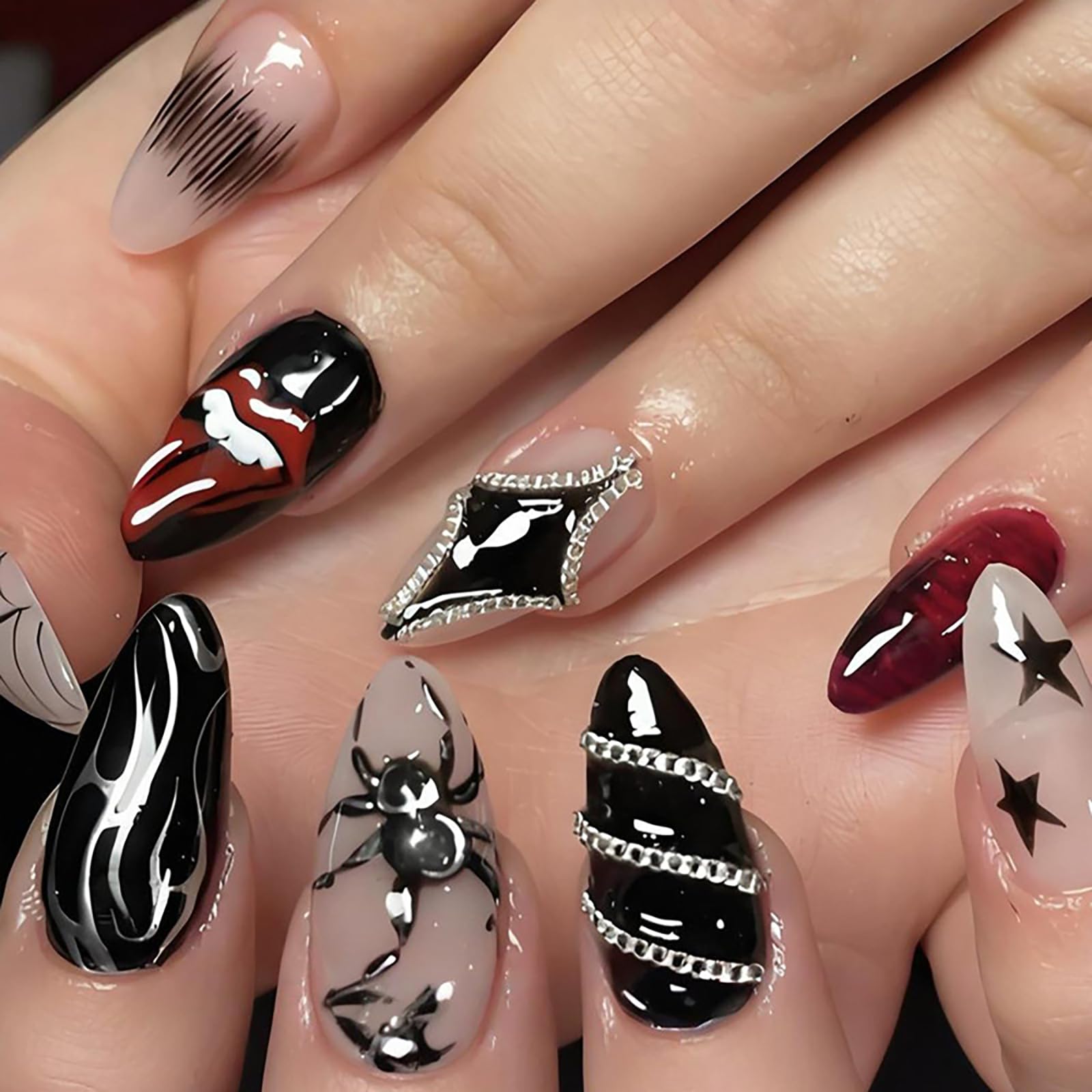 Photo 1 of 24Pcs Medium Almond Press on Nails Halloween Fake Nails Red Black False Nails with Spider Web Lips Design Handmade Acrylic Nails Press ons Halloween Glue on Nail Full Cover Stick on Nail for Women