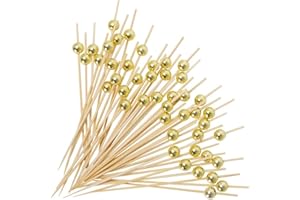 BOAN 100PCS Fancy Toothpicks for Appetizers, 4.7 Inch Gold Bead Bamboo Skewers for Appetizers, Cocktail Picks for Drinks, Sandwich Fruit Charcuterie Party Decorations