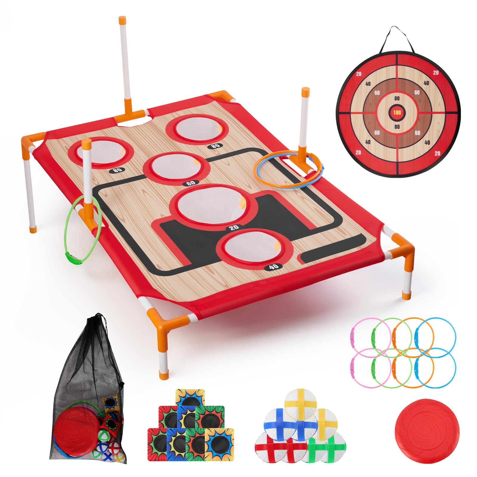 Bean Bag Toss & Ball Toss & Ring Toss Backyard Games,5 in 1 Indoor Outdoor Throwing Party Games with 8 Tossing Rings,8 Bean Bags,8 Sticky Balls & Frisbee,Garden Games for Kids and Adults