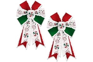 HEUREPPY 2 Pack Christmas Wreath Bows Christmas Decor Bows Green Red Candy Cane Velvet Ribbon Bows for Wreath, Xmas Tree Topper Bows for New Year Party Decoration Home Indoor Outdoor Wreath Ornament Supplies