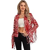 FEORJGP Women Sparkly Sequin Jacket Shiny Glitter Tassel Fringe Hem Disco Jacket Sequin Fringe Jacket Coat Y2K 90s Streetwear