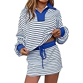MAOECO Womens 2 Piece Set Striped Sweatshirt Skirt Set Casual Long Sleeve Skort Workout Matching Lounge Set with Pockets
