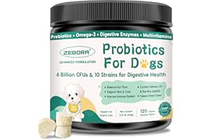 ZEBORA Probiotics for Dogs Digestive Health, Dog Probiotics and Digestive Enzymes, Prebiotics, Omega-3 & 6 and Vitamin for Dogs, 6 Billion CFUs for Gut Health and Immune Support, 120 Chews