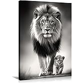 Canvas Wall Art Lion Decor Black and White Picture Lion and Cub Prints Wild Animal Poster Modern Artwork for Living Room Bedroom Bathroom Office Home Decor Framed(Artwork-1,16.00