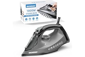 IRONDAY Steam Iron for Clothes, 1800W with 20.28oz Water Tank,Ceramic Soleplate,3-Way Auto-Off, 20s Fast Heat-up,Burst of Steam, Precision Tip,Self-Clean, Anti-Calc, Vertical Steamer for All Fabrics