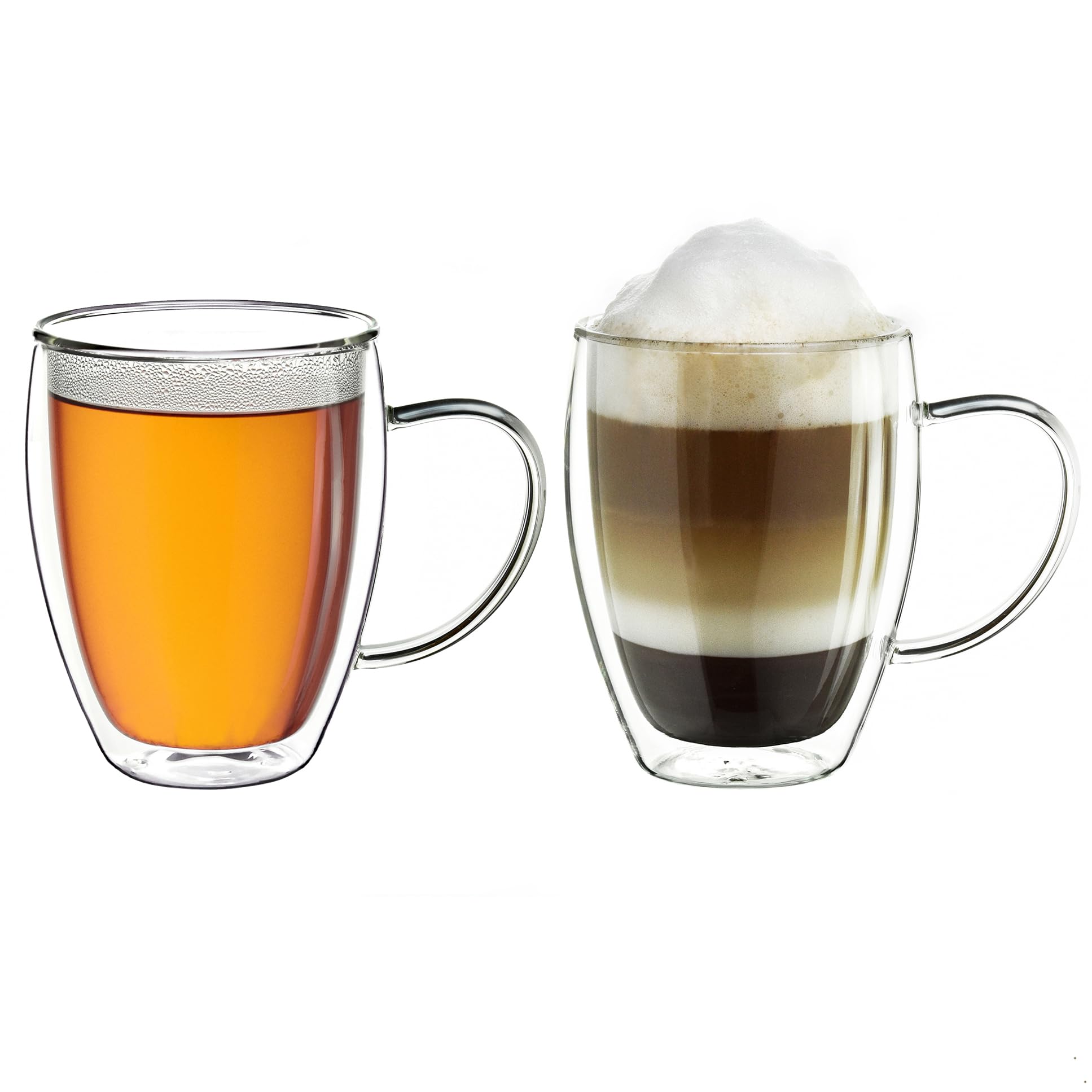 Creano Double Walled Coffee Glasses with Handle 250ml - Insulated Cappuccino Cups - Latte Macchiato, Tea - Handmade Heat Resistant Mugs - 2 pcs (Pack of 1)