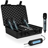 Pyle Portable UHF Band Receiver System, 4 Channel Wireless Microphone System Independent Channel Controls, RF Signal LCD Indicator, Digital Audio Microphone Set with 4 Handheld Microphones