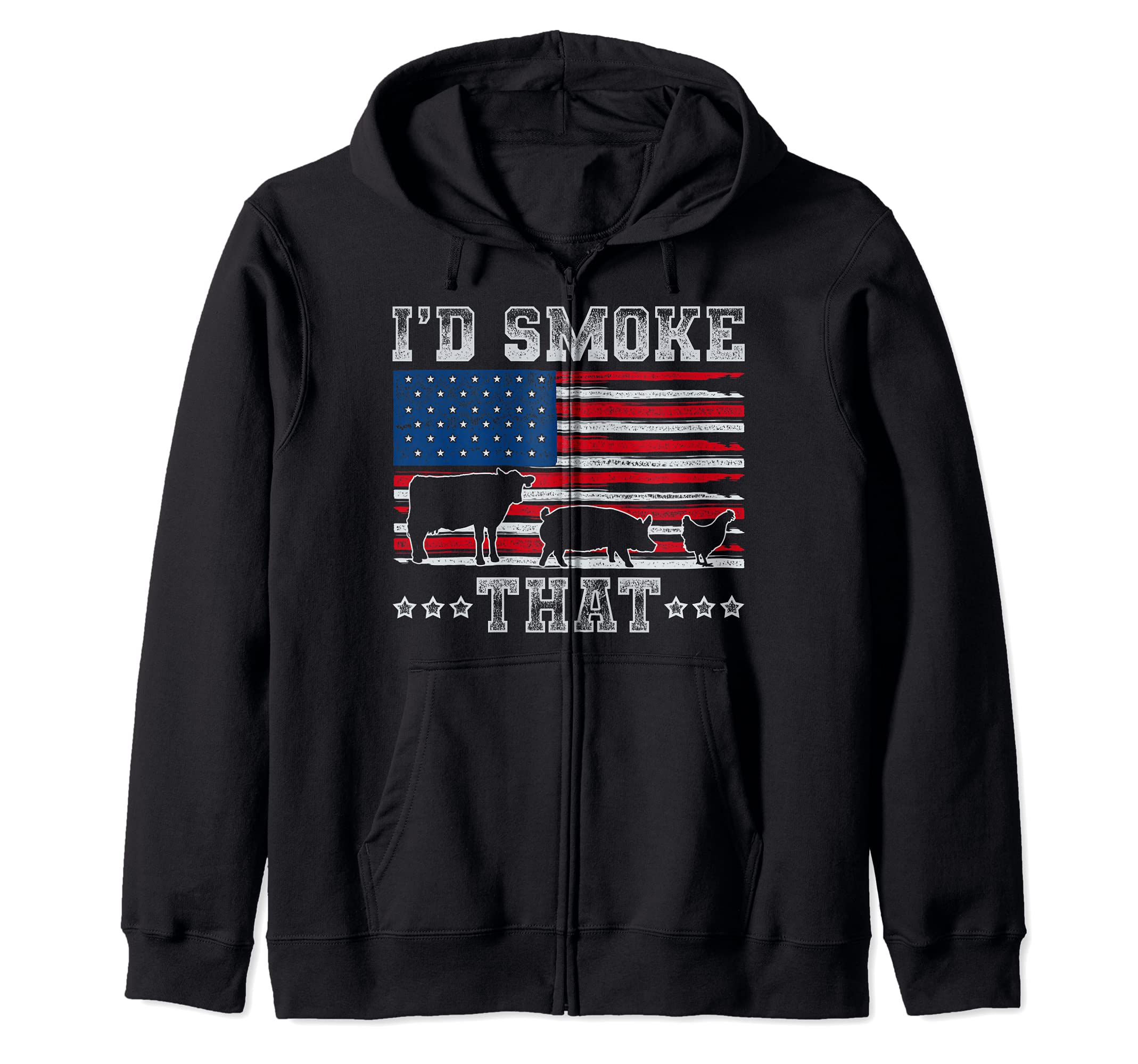 Patriotic BBQ Chef Smoking Meat Steak USA Flag Barbecue Zip Hoodie