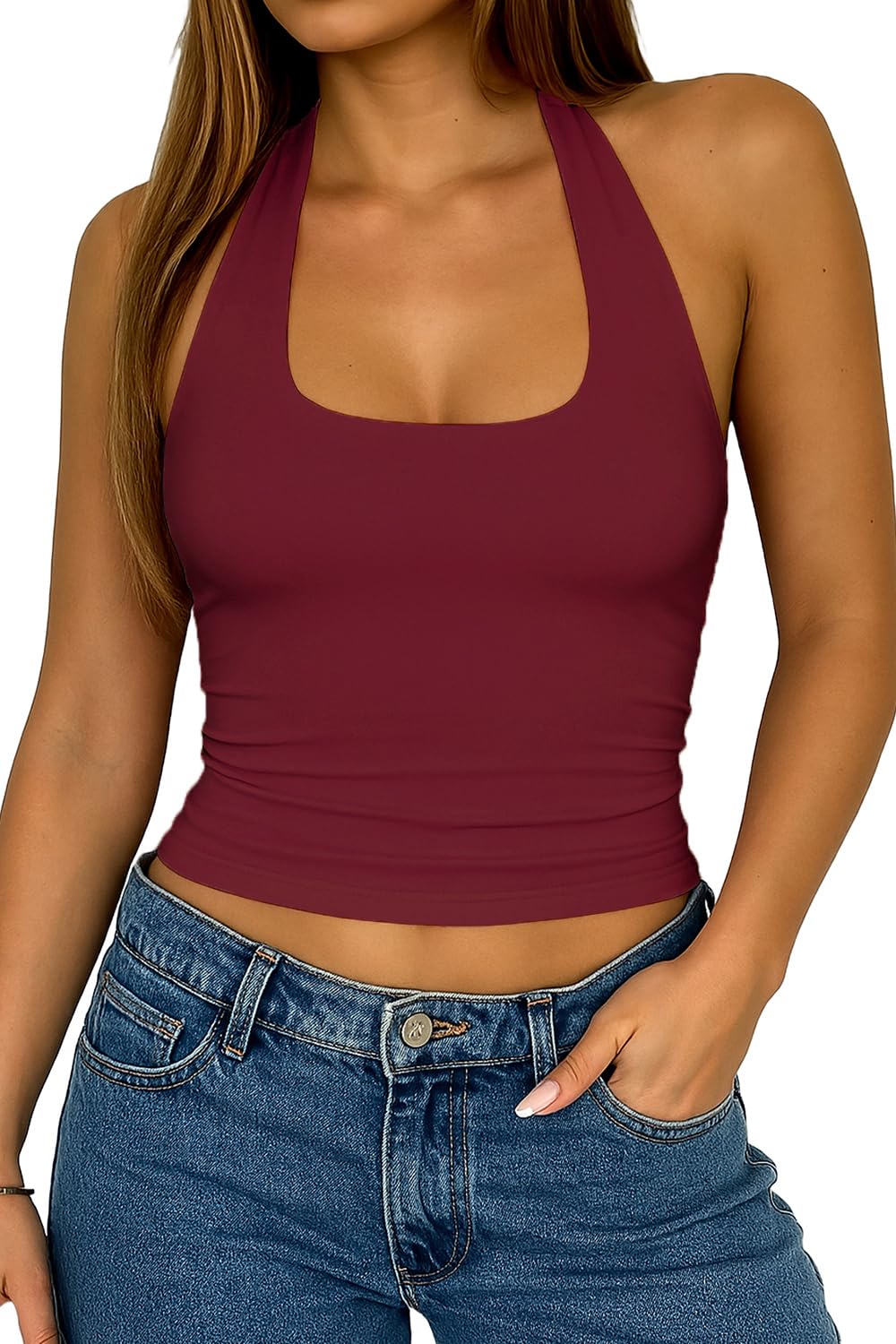 Photo 1 of ForeFair Backless Halter Tops for Women - Summer Tank Top Casual Open Back Cute Sleeveless (Burgundy,S)