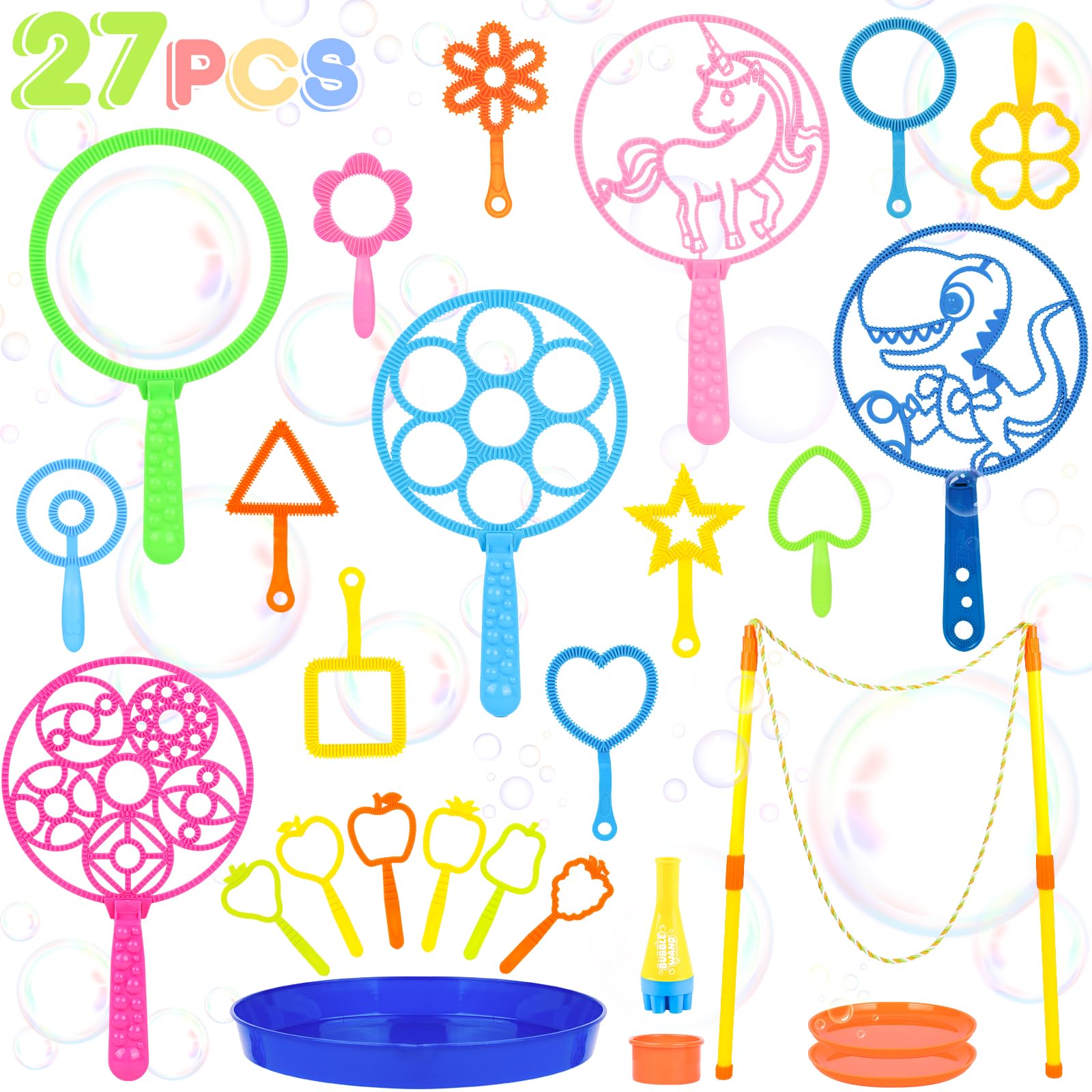 REZUCREY 27 Pcs Big Bubble Wands Toys Set, Giant Bubble Wands with Tray for Kids Summer Outdoor Toys Bubbles Party Favors Bubbles Maker Bulk for Kids Toddlers Boys Girls Age 3 4 5 6 7 8+