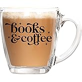 Books and Coffee Glass - Book Lovers Gifts - Ideal Bookish Gift for Readers, Writers, Book Club Accessories - Perfect Clear Coffee Mug for Hot or Cold Brews - Printed in the USA (Glass Coffee Mug)